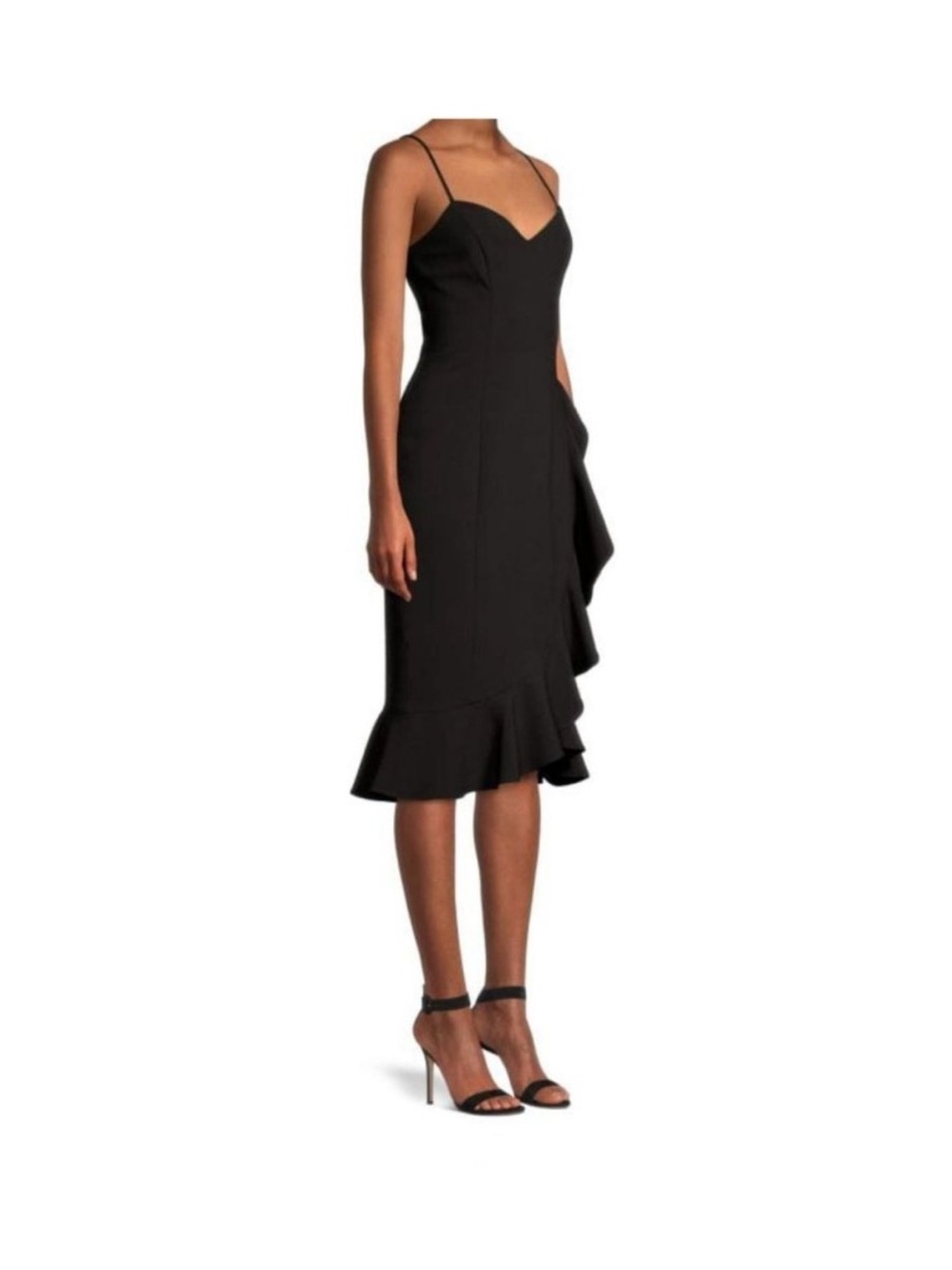 Likely Laverna Draped Ruffle Midi Black Cocktail Dress Size 0